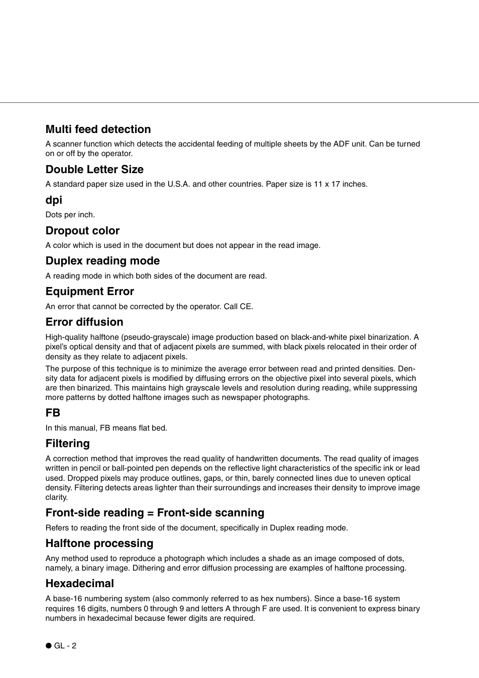 Multi feed detection, Double letter size, Dropout color | Duplex reading mode, Equipment error, Error diffusion, Filtering, Front-side reading = front-side scanning, Halftone processing, Hexadecimal | FUJITSU fi-4340C User Manual | Page 106 / 114