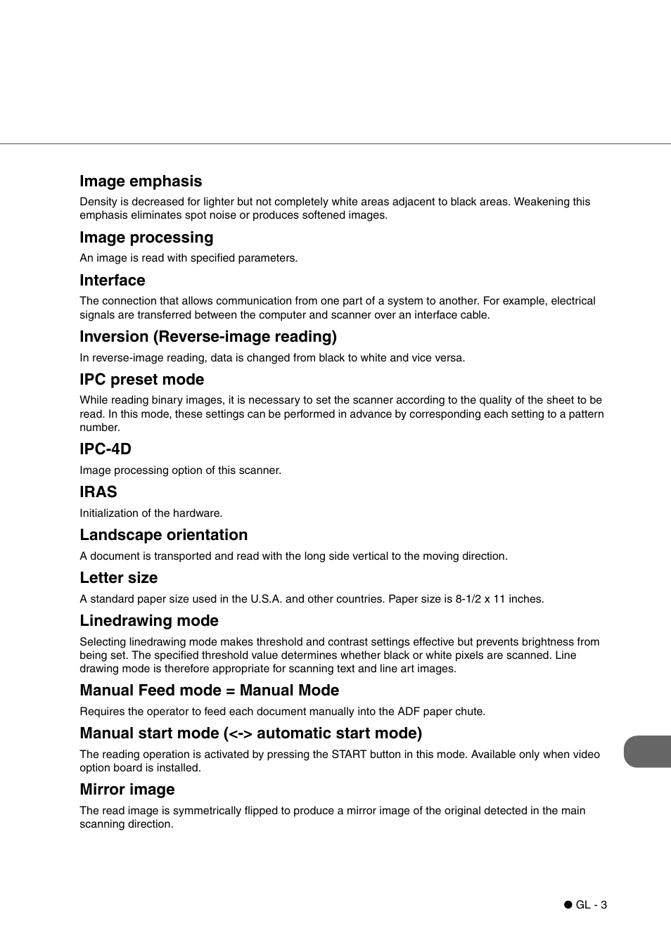 Image emphasis, Image processing, Interface | Inversion (reverse-image reading), Ipc preset mode, Ipc-4d, Iras, Landscape orientation, Letter size, Linedrawing mode | FUJITSU fi-4340C User Manual | Page 107 / 114