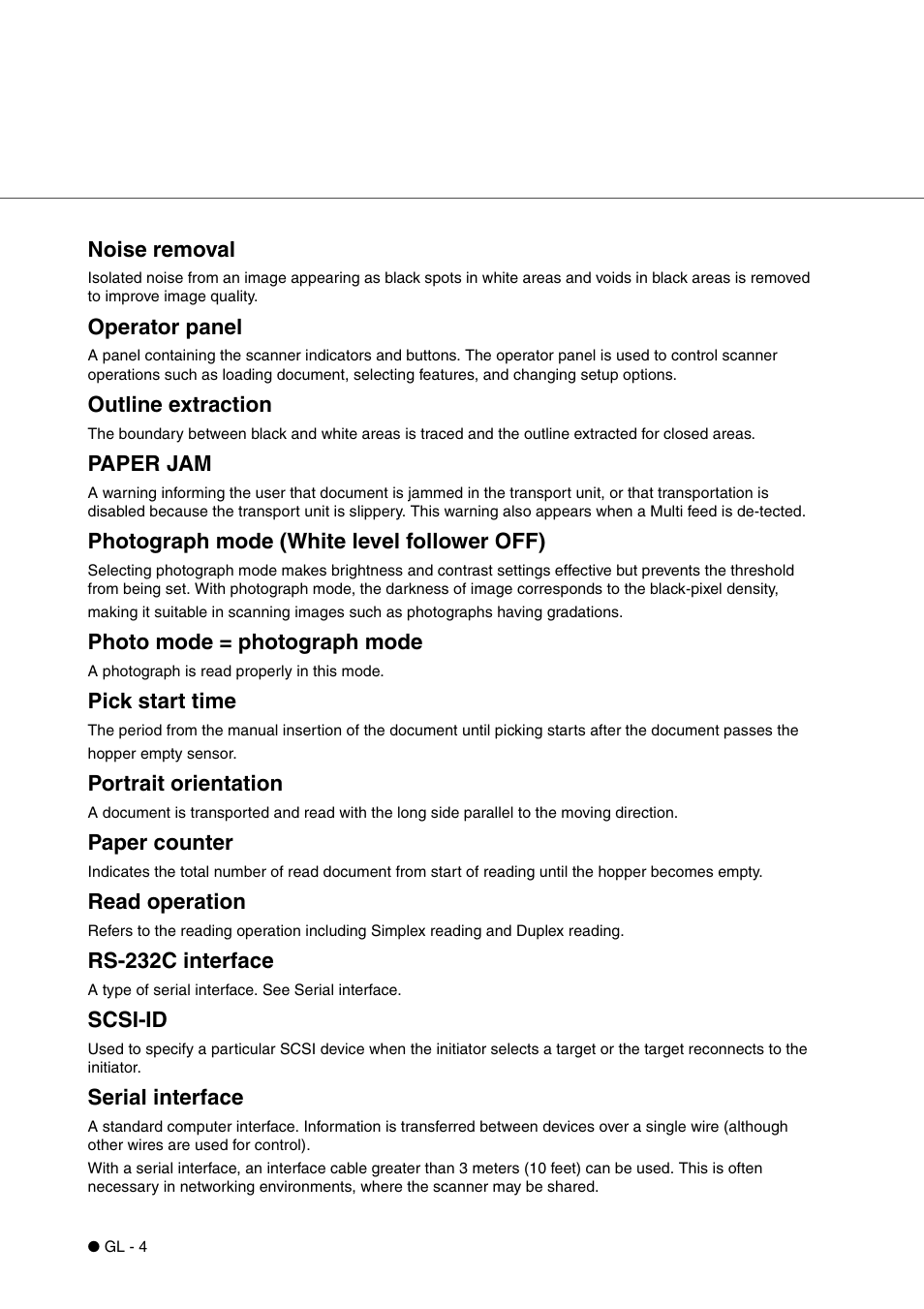 Noise removal, Operator panel, Outline extraction | Paper jam, Photograph mode (white level follower off), Photo mode = photograph mode, Pick start time, Portrait orientation, Paper counter, Read operation | FUJITSU fi-4340C User Manual | Page 108 / 114