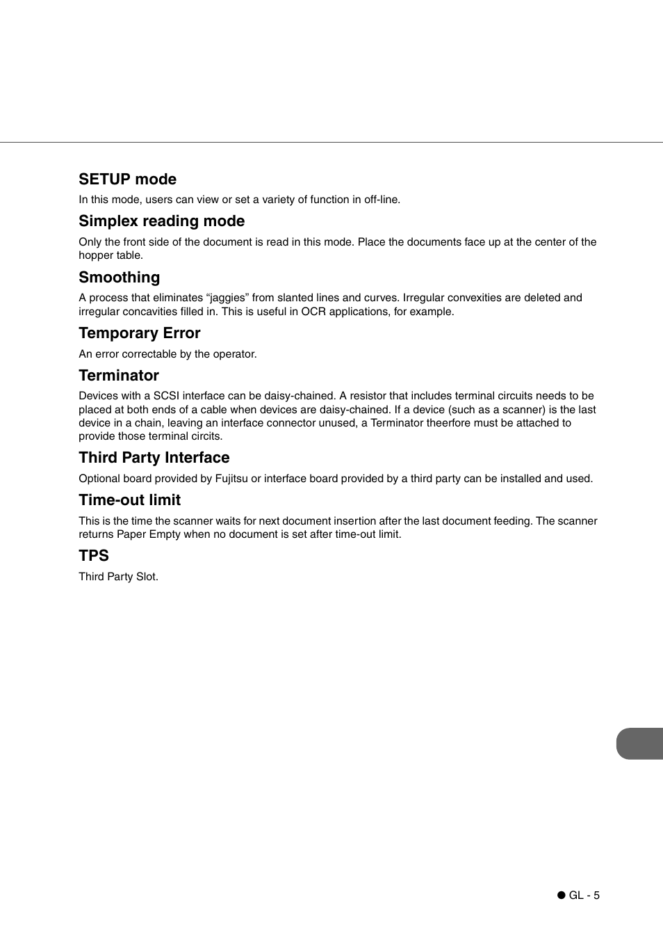 Setup mode, Simplex reading mode, Smoothing | Temporary error, Terminator, Third party interface, Time-out limit | FUJITSU fi-4340C User Manual | Page 109 / 114