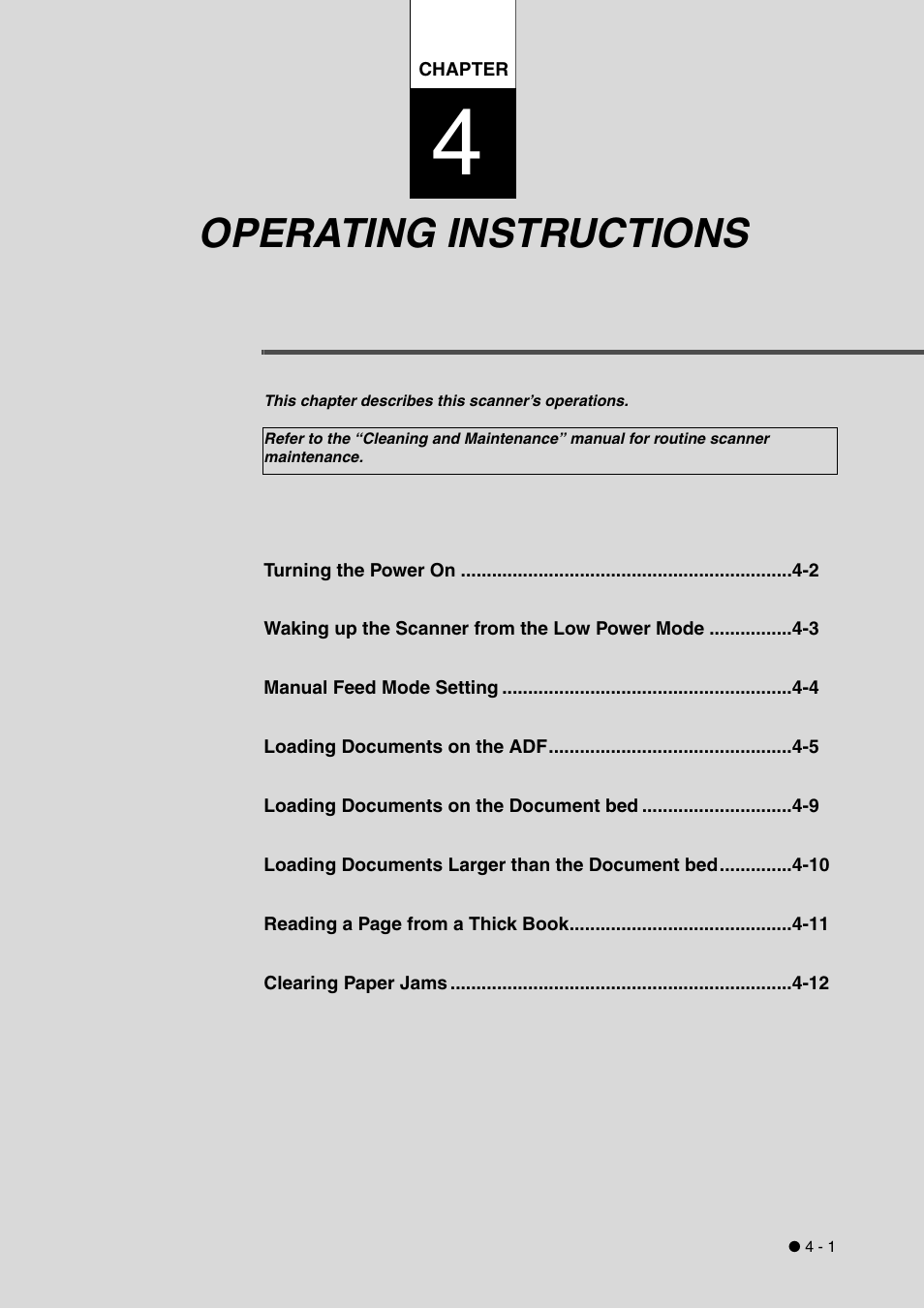 Operating instructions, Chapter 4 operating instructions -1 | FUJITSU fi-4340C User Manual | Page 37 / 114