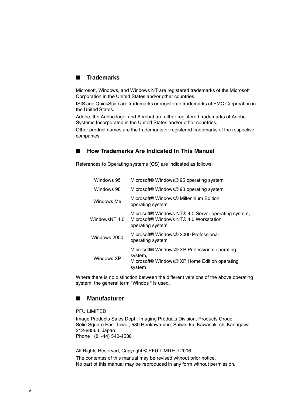 Trademarks, How trademarks are indicated in this manual, Manufacturer | FUJITSU fi-4340C User Manual | Page 6 / 114