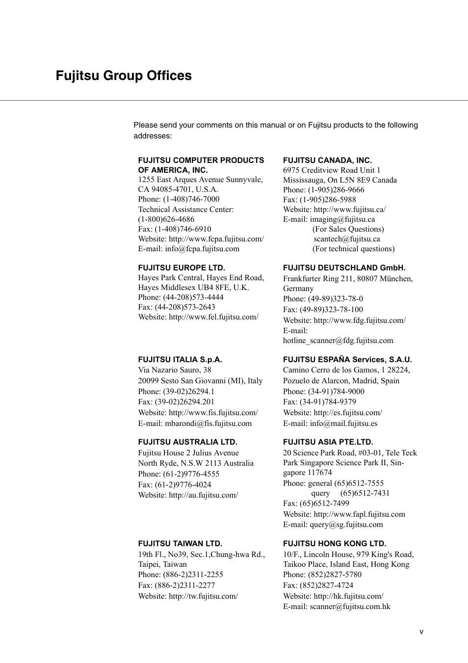 Fujitsu group offices | FUJITSU fi-4340C User Manual | Page 7 / 114