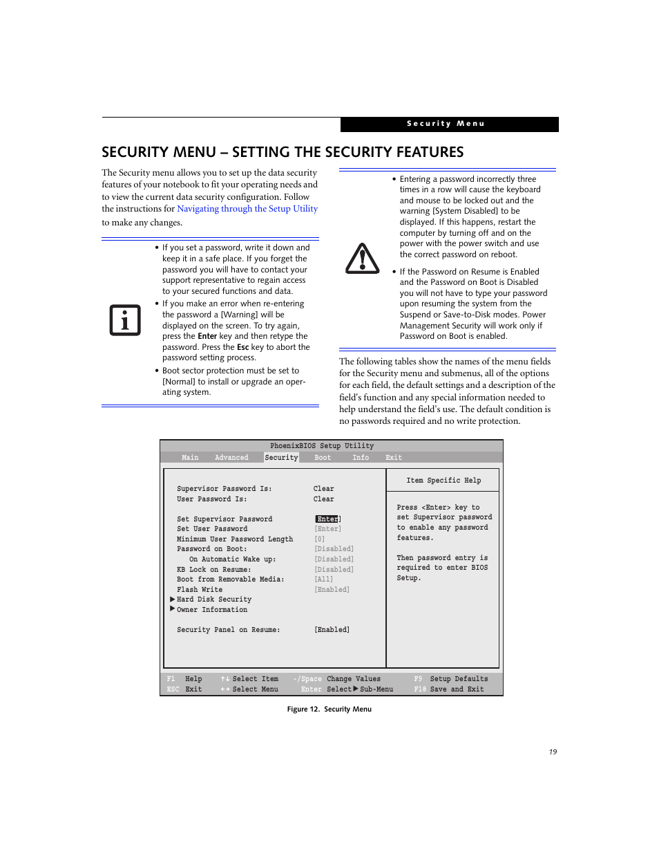 Setting the security features, Security menu – setting the security features | FUJITSU B3000 User Manual | Page 19 / 28
