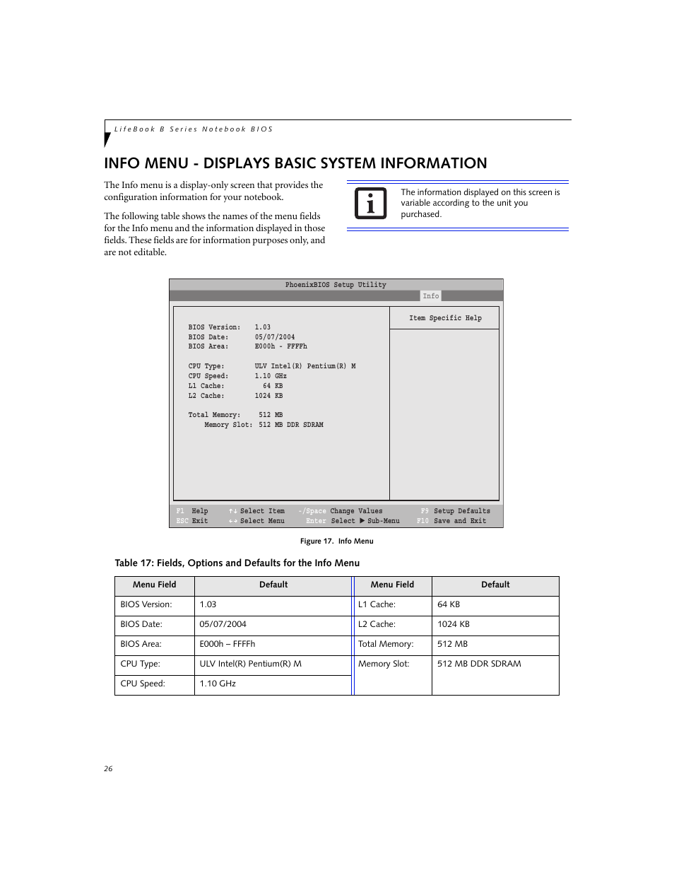 Displays basic system information, Info menu - displays basic system information | FUJITSU B3000 User Manual | Page 26 / 28
