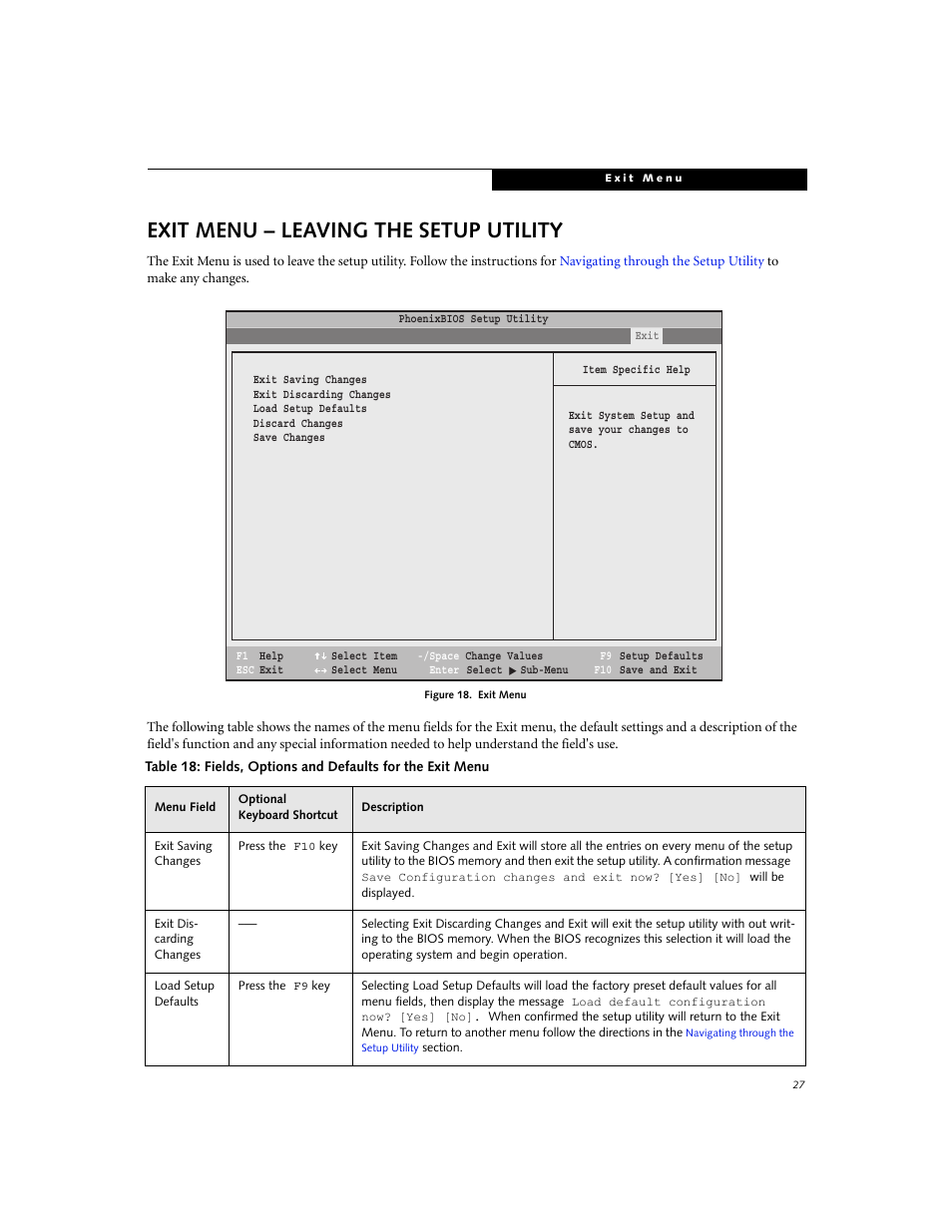 Leaving the setup utility, Exit menu – leaving the setup utility | FUJITSU B3000 User Manual | Page 27 / 28