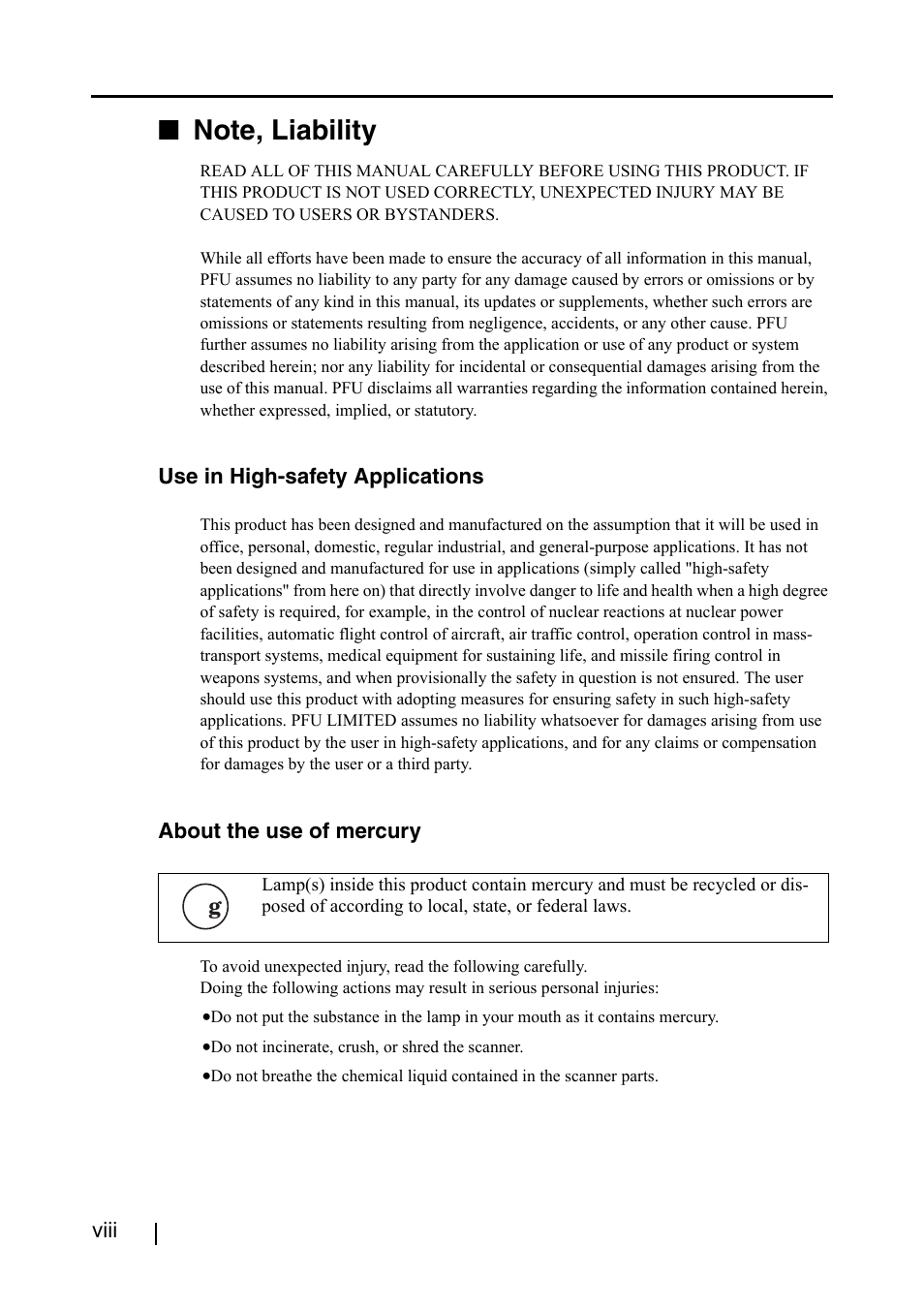 Note, liability | FUJITSU ScanSnap S500 User Manual | Page 10 / 196