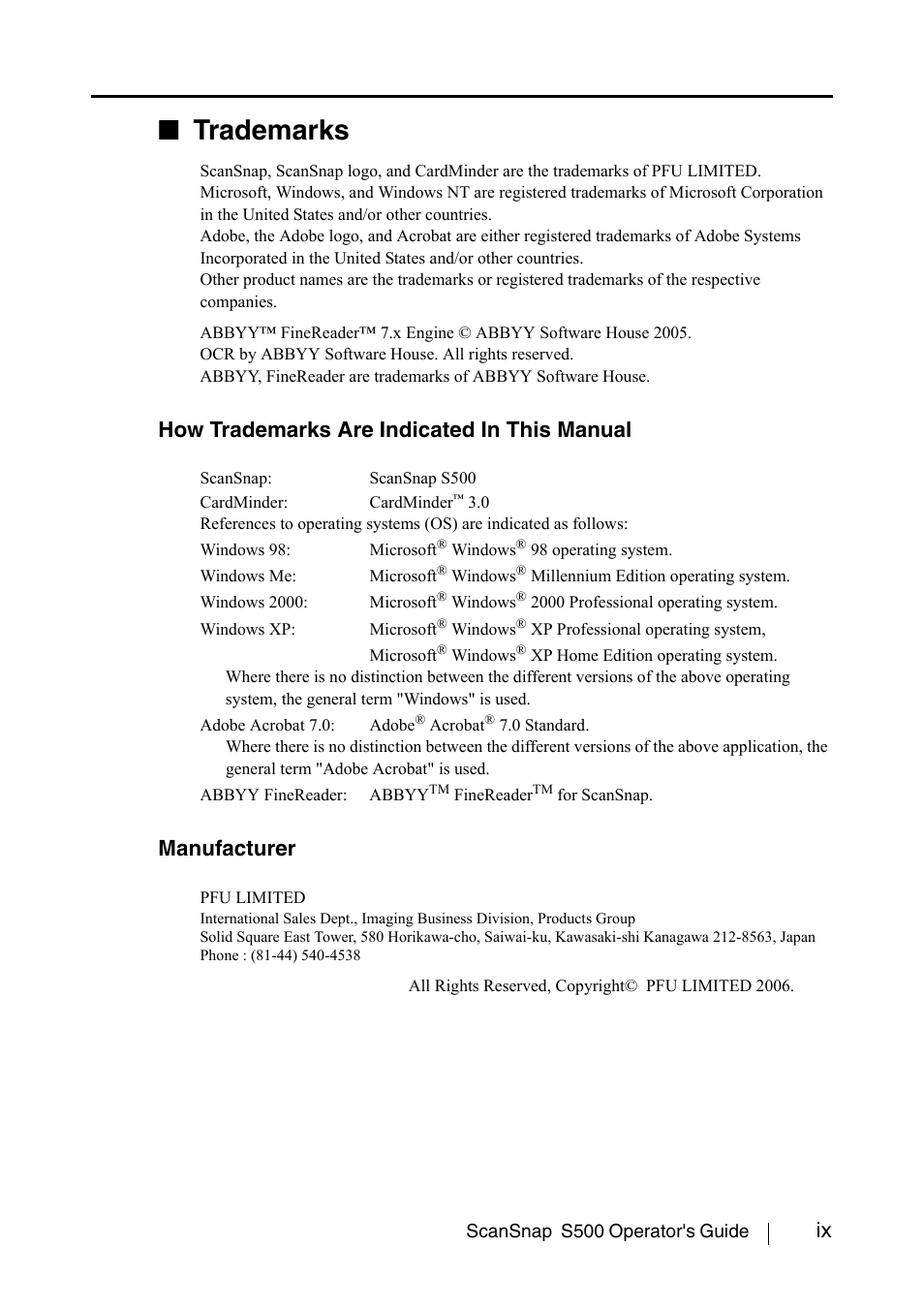 Trademarks, How trademarks are indicated in this manual, Manufacturer | FUJITSU ScanSnap S500 User Manual | Page 11 / 196