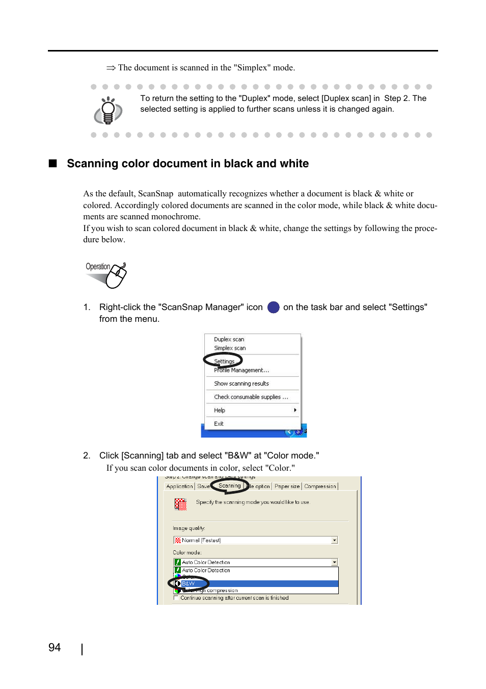 Scanning color document in black and white | FUJITSU ScanSnap S500 User Manual | Page 112 / 196