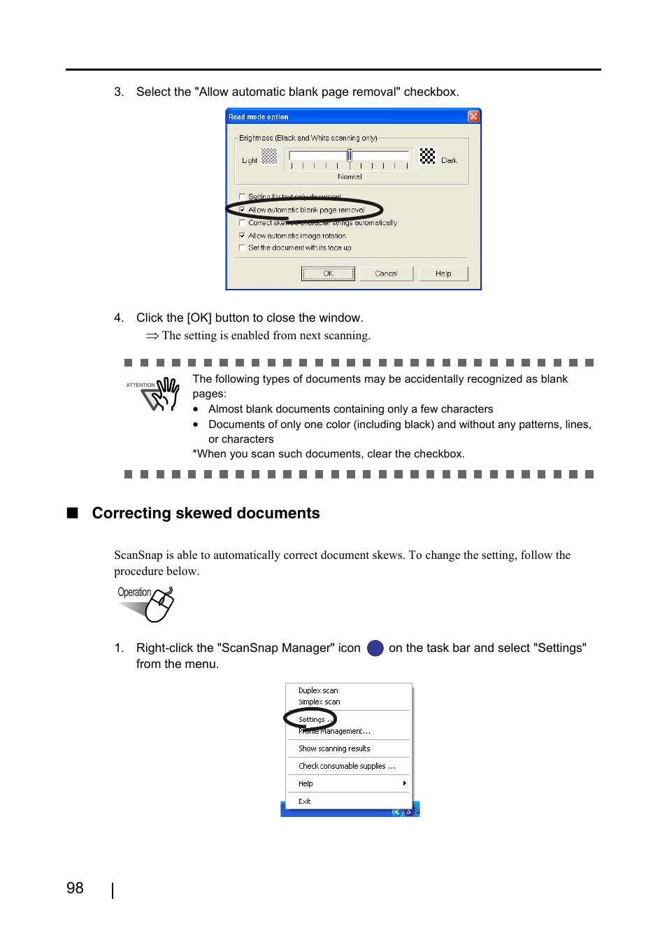 Correcting skewed documents | FUJITSU ScanSnap S500 User Manual | Page 116 / 196