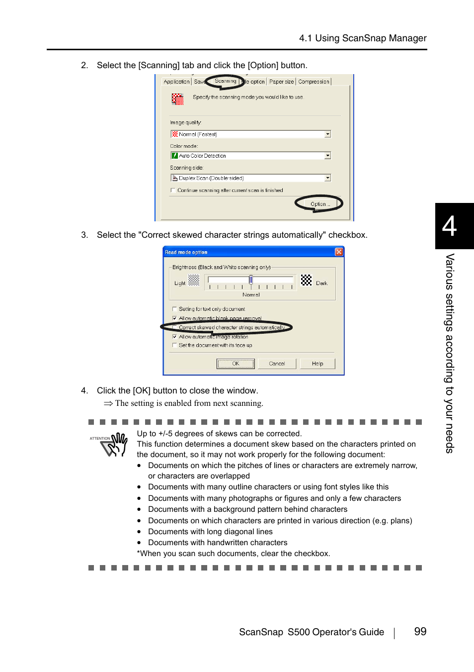 99 v a rious settings acco rding to y our needs | FUJITSU ScanSnap S500 User Manual | Page 117 / 196