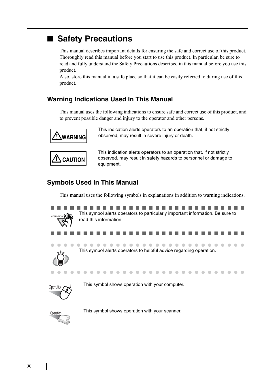 Safety precautions, Warning indications used in this manual, Symbols used in this manual | FUJITSU ScanSnap S500 User Manual | Page 12 / 196