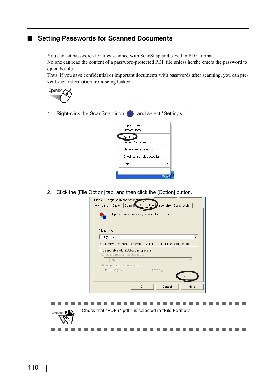 110 ■ setting passwords for scanned documents | FUJITSU ScanSnap S500 User Manual | Page 128 / 196