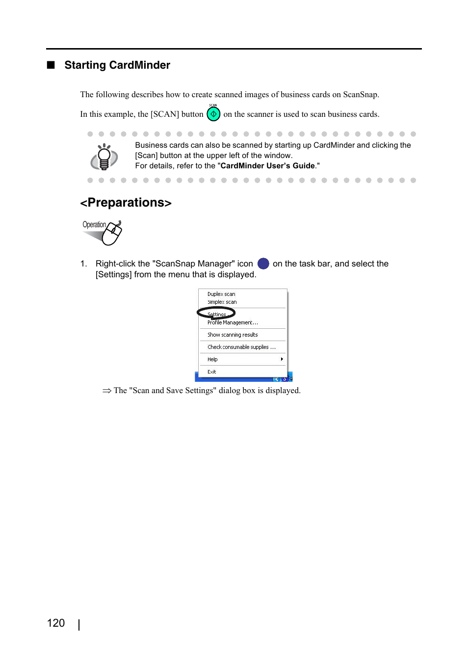 Preparations, 120 ■ starting cardminder | FUJITSU ScanSnap S500 User Manual | Page 138 / 196