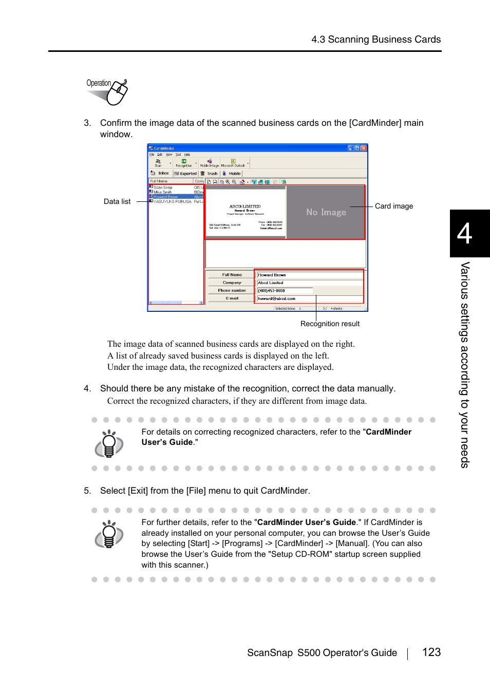 123 v a rious settings acco rding to y our needs | FUJITSU ScanSnap S500 User Manual | Page 141 / 196