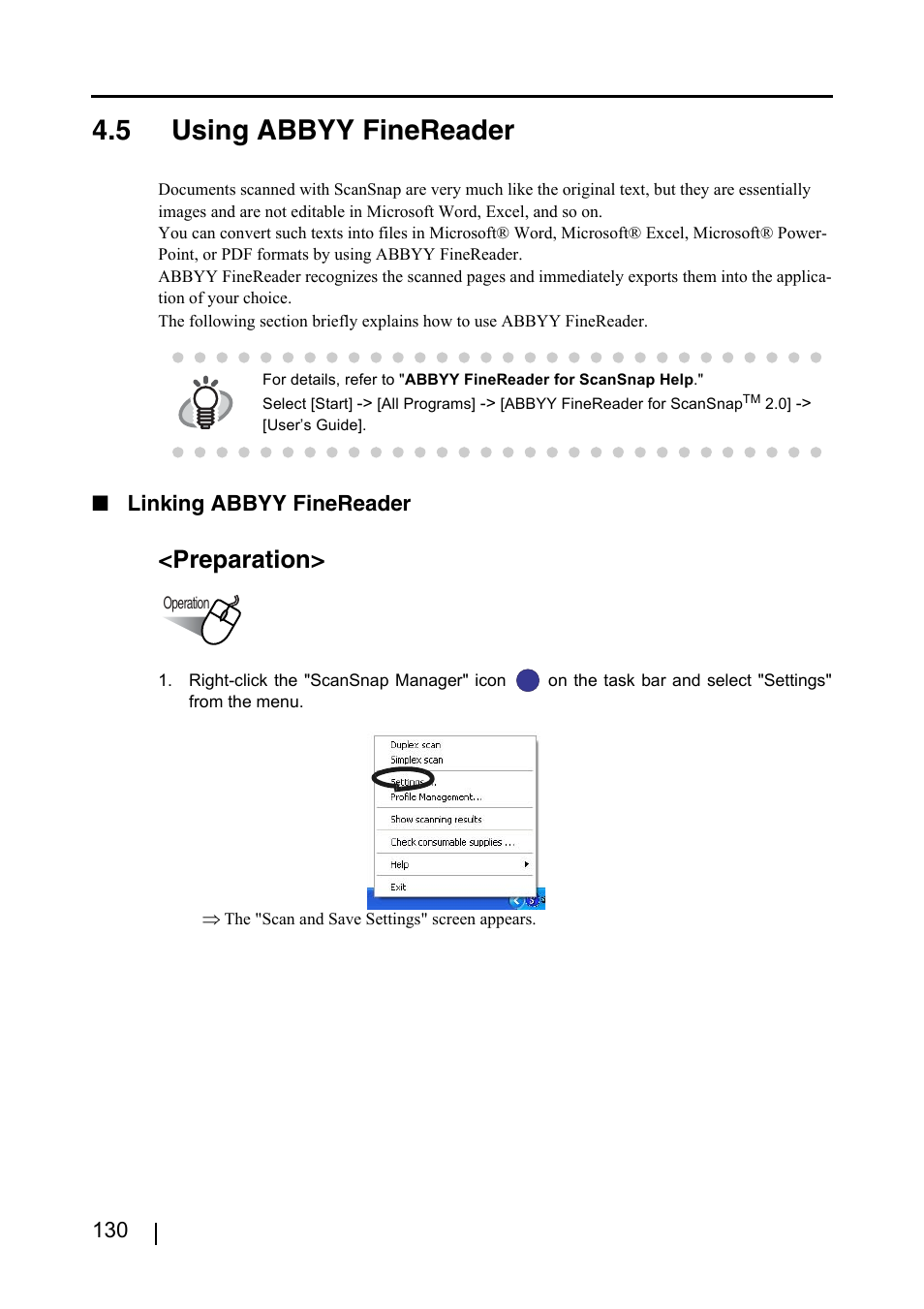 5 using abbyy finereader, Preparation, Linking abbyy finereader | FUJITSU ScanSnap S500 User Manual | Page 148 / 196