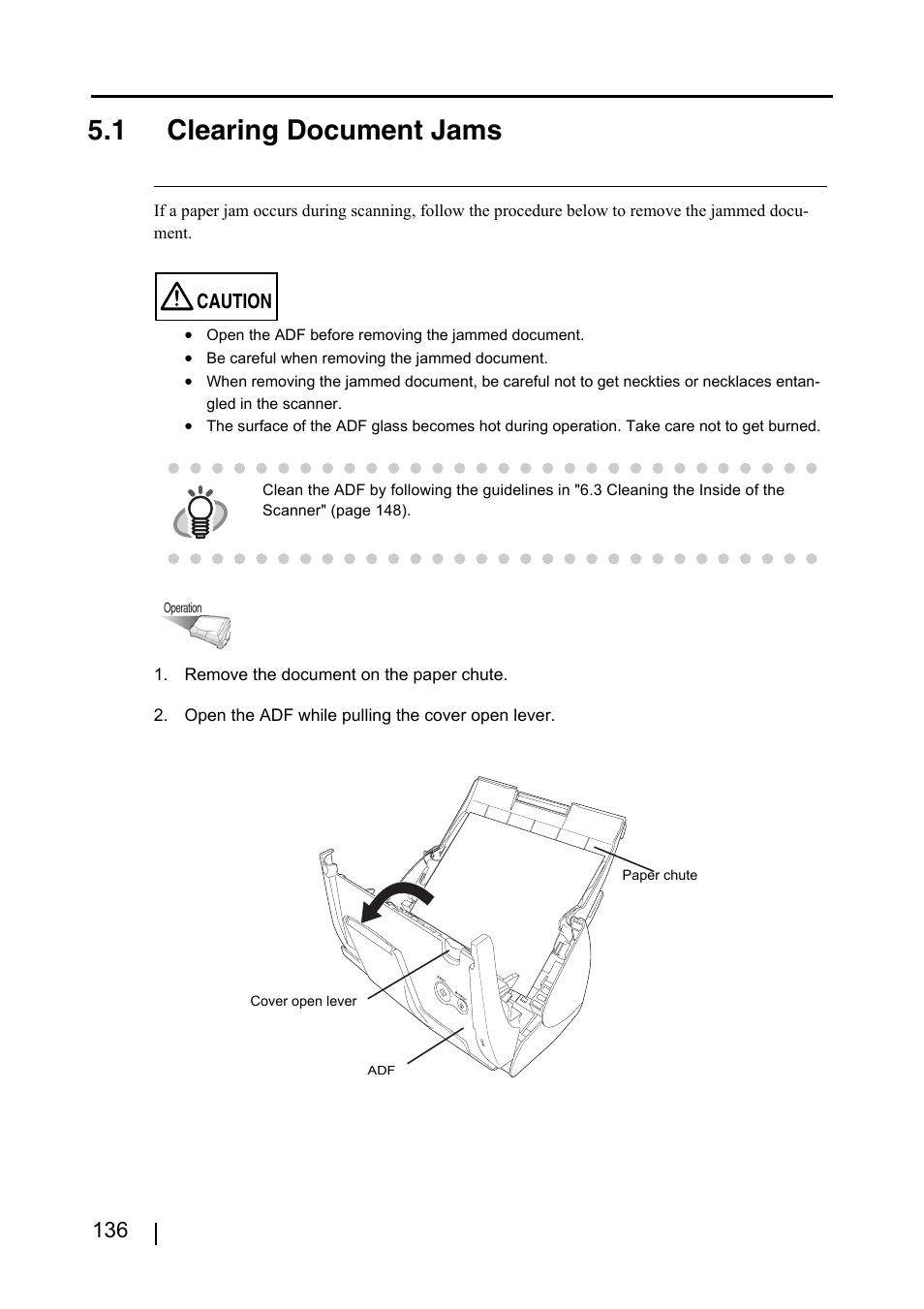 1 clearing document jams | FUJITSU ScanSnap S500 User Manual | Page 154 / 196