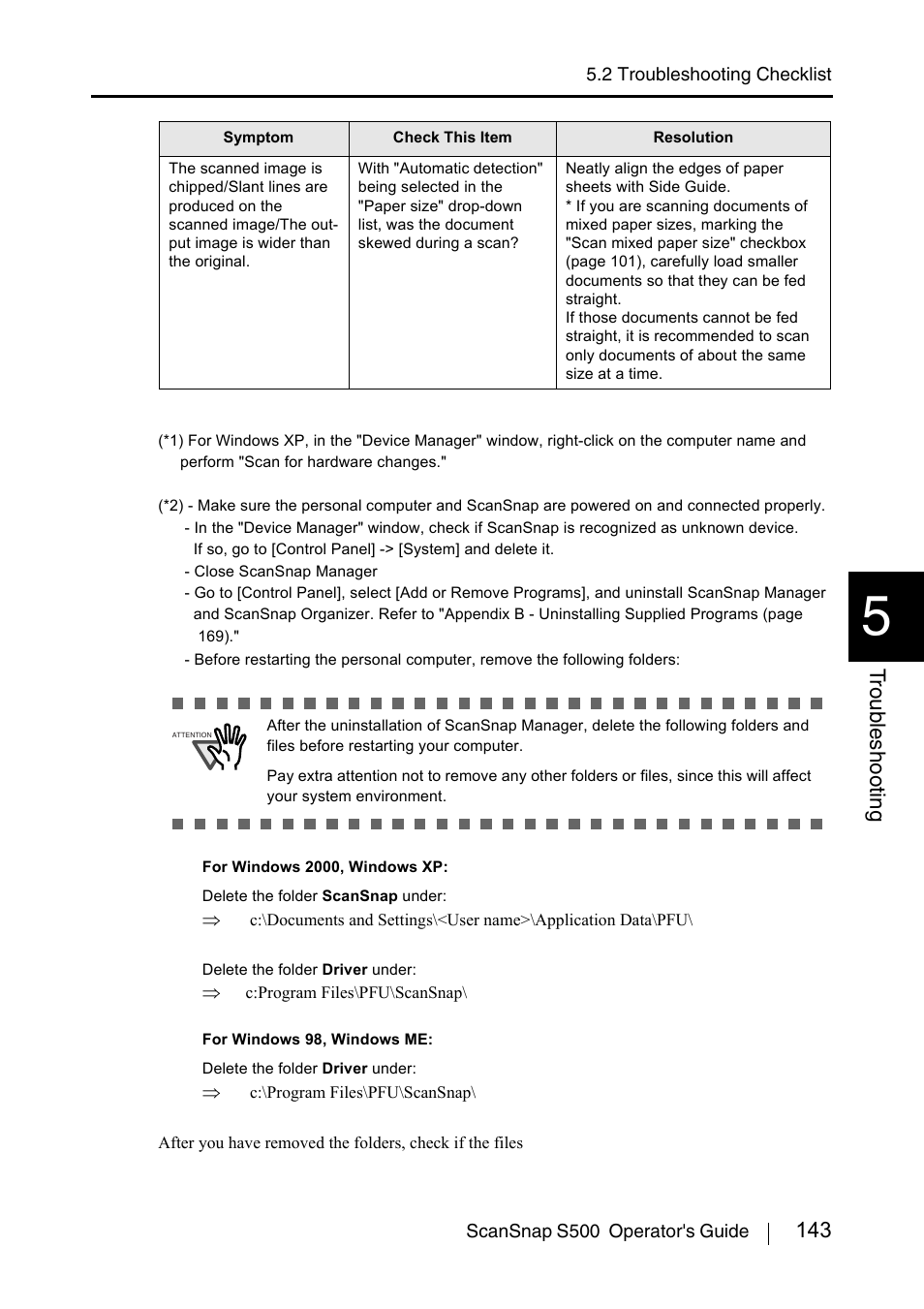 143 t roub leshooting | FUJITSU ScanSnap S500 User Manual | Page 161 / 196