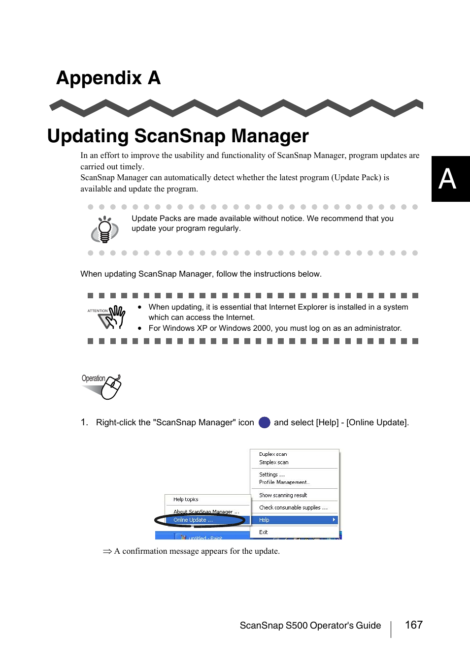 Appendix a updating scansnap manager | FUJITSU ScanSnap S500 User Manual | Page 185 / 196