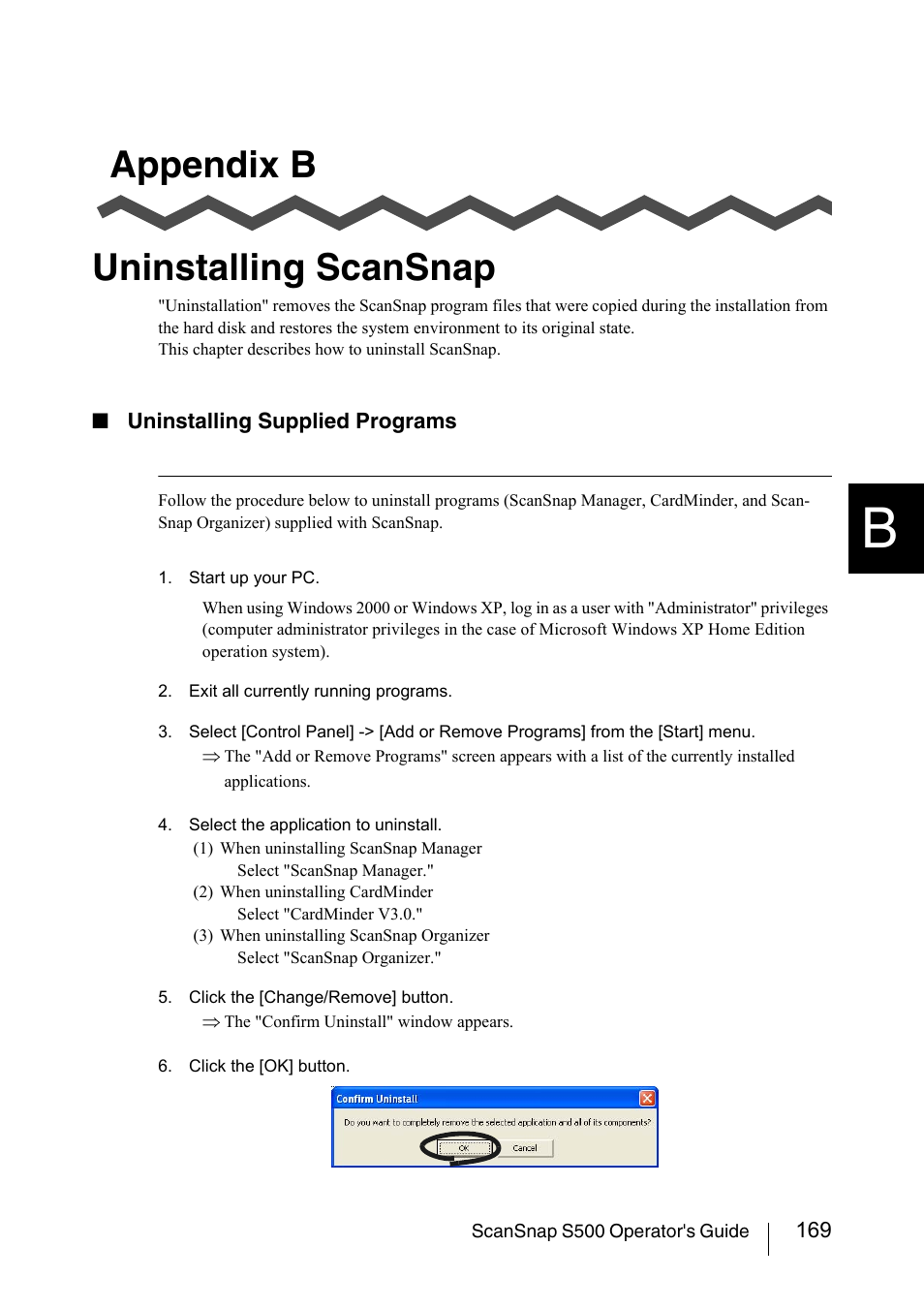 Appendix b uninstalling scansnap | FUJITSU ScanSnap S500 User Manual | Page 187 / 196
