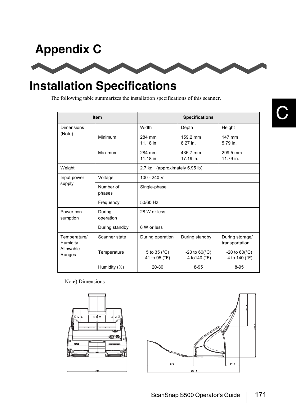 Appendix c installation specifications | FUJITSU ScanSnap S500 User Manual | Page 189 / 196