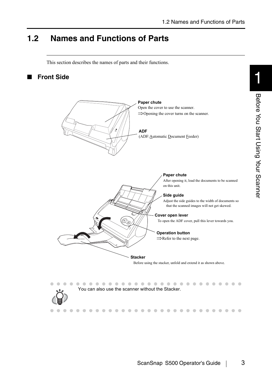 2 names and functions of parts, Front side | FUJITSU ScanSnap S500 User Manual | Page 21 / 196