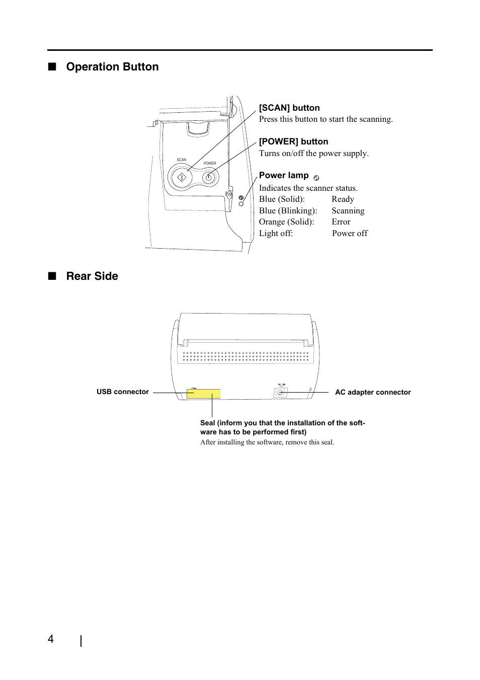 4■ operation button ■ rear side | FUJITSU ScanSnap S500 User Manual | Page 22 / 196