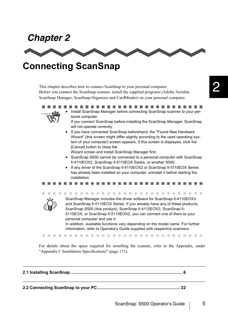 Chapter 2 connecting scansnap | FUJITSU ScanSnap S500 User Manual | Page 23 / 196