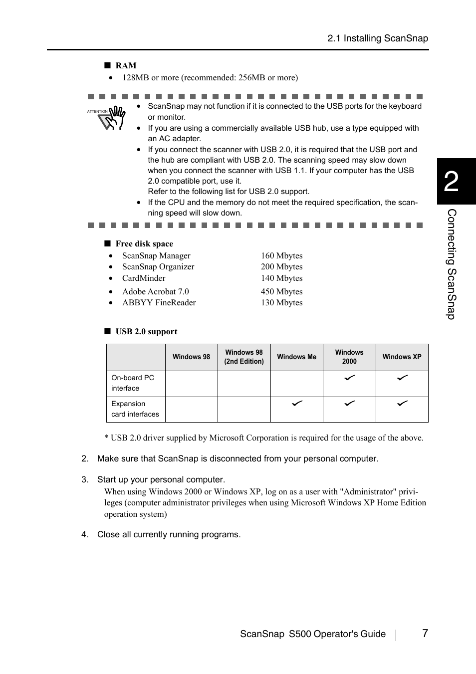 7connecting scansnap | FUJITSU ScanSnap S500 User Manual | Page 25 / 196