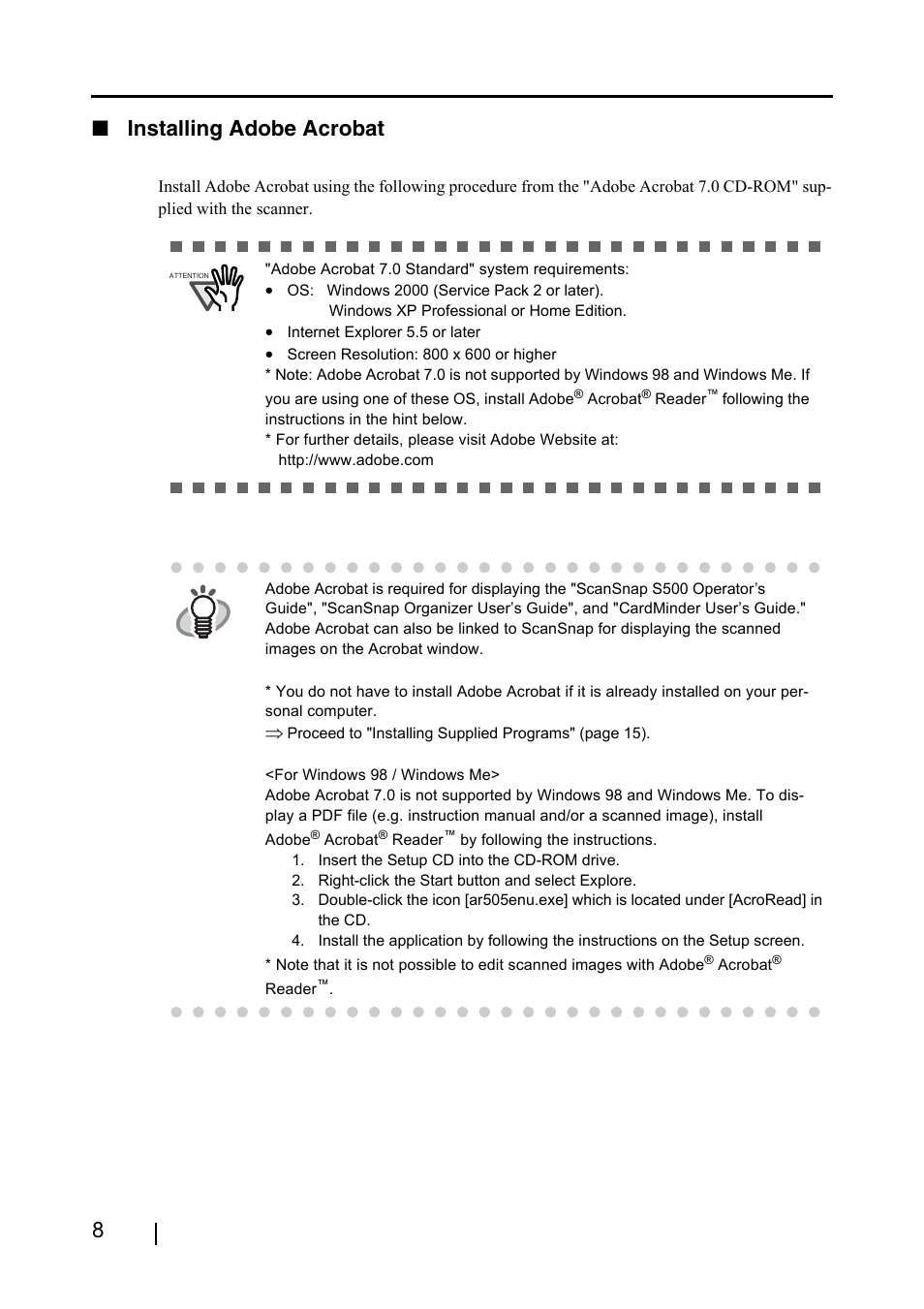 8■ installing adobe acrobat | FUJITSU ScanSnap S500 User Manual | Page 26 / 196