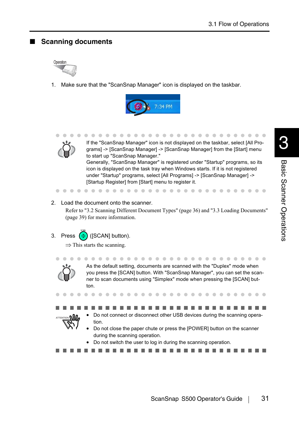 31 basic scanner oper ations, Scanning documents | FUJITSU ScanSnap S500 User Manual | Page 49 / 196