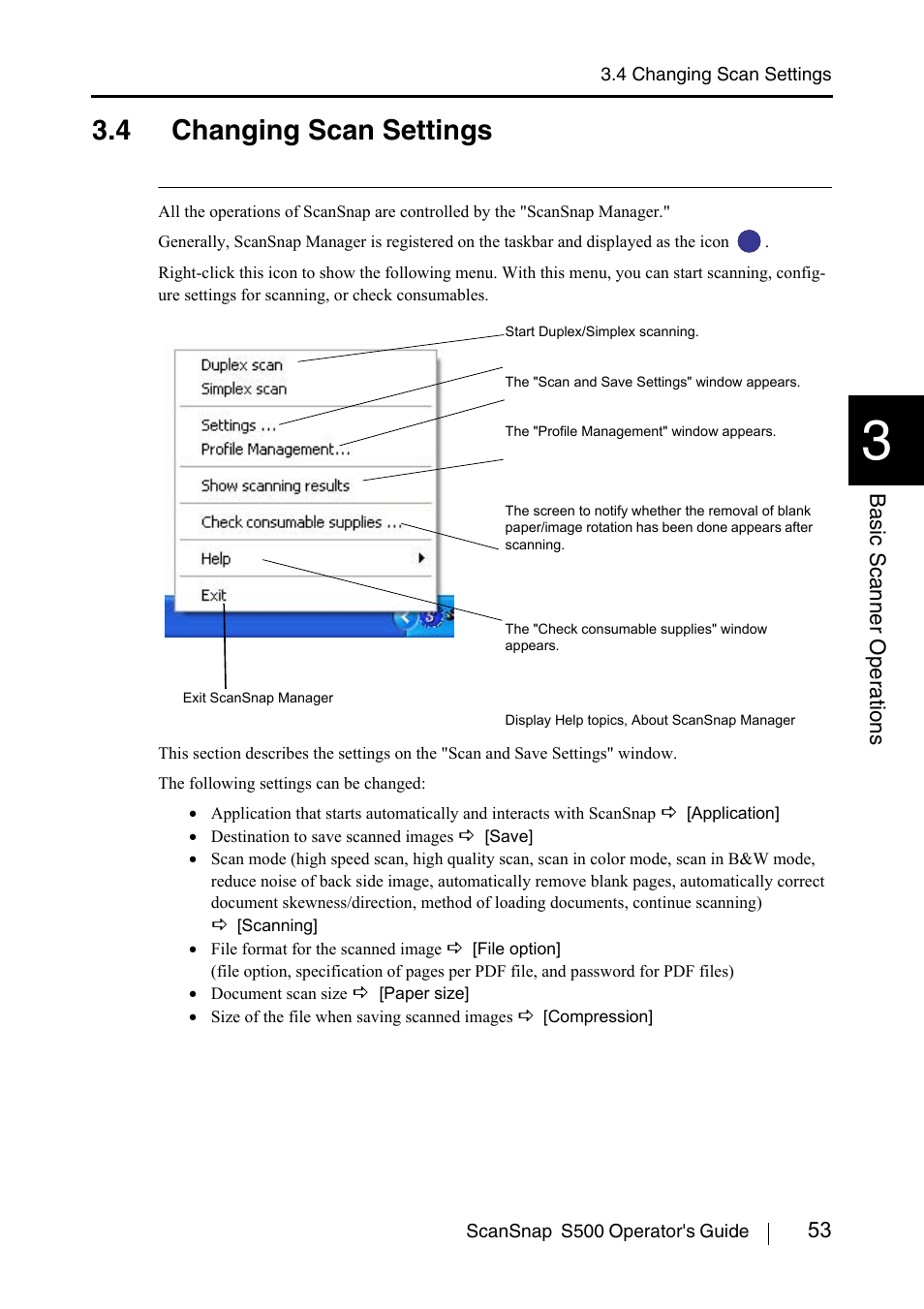 4 changing scan settings, 53 basic scanner oper ations | FUJITSU ScanSnap S500 User Manual | Page 71 / 196