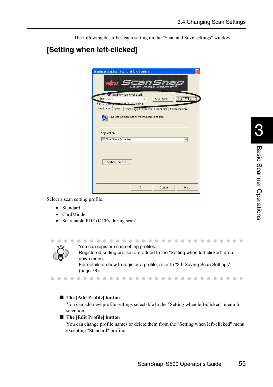 Setting when left-clicked | FUJITSU ScanSnap S500 User Manual | Page 73 / 196