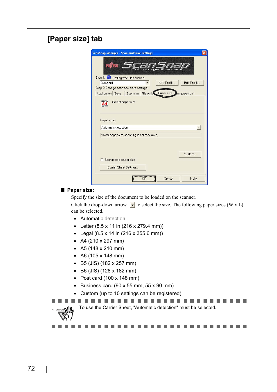 Paper size] tab | FUJITSU ScanSnap S500 User Manual | Page 90 / 196