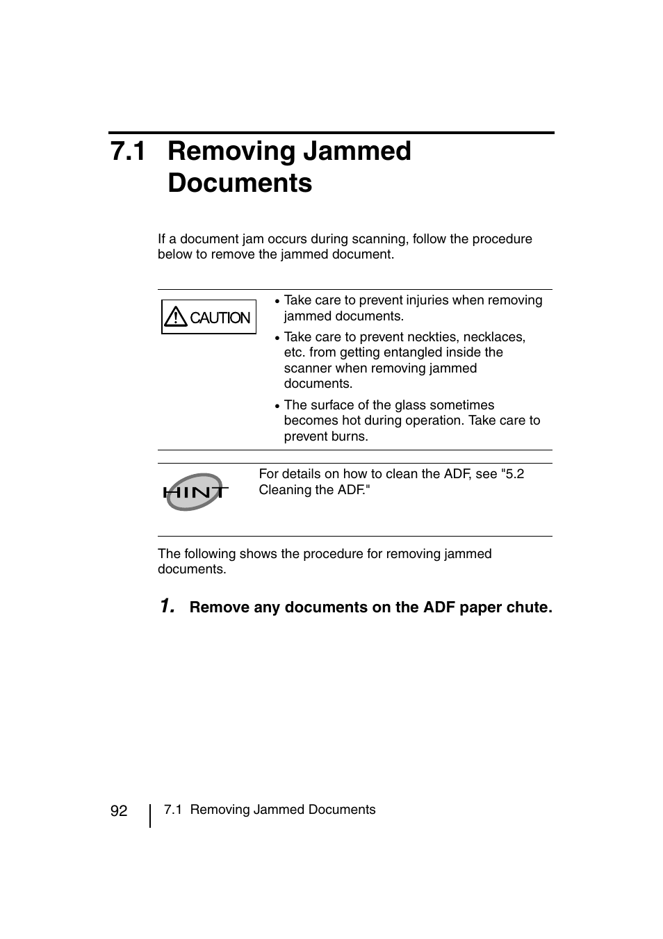 1 removing jammed documents, E "7.1 removing jammed documents, 1 removing jammed documents" f | FUJITSU fi-4120C User Manual | Page 119 / 180