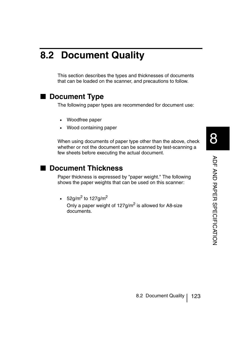 2 document quality, E "8.2 document quality, Document type | Document thickness | FUJITSU fi-4120C User Manual | Page 150 / 180