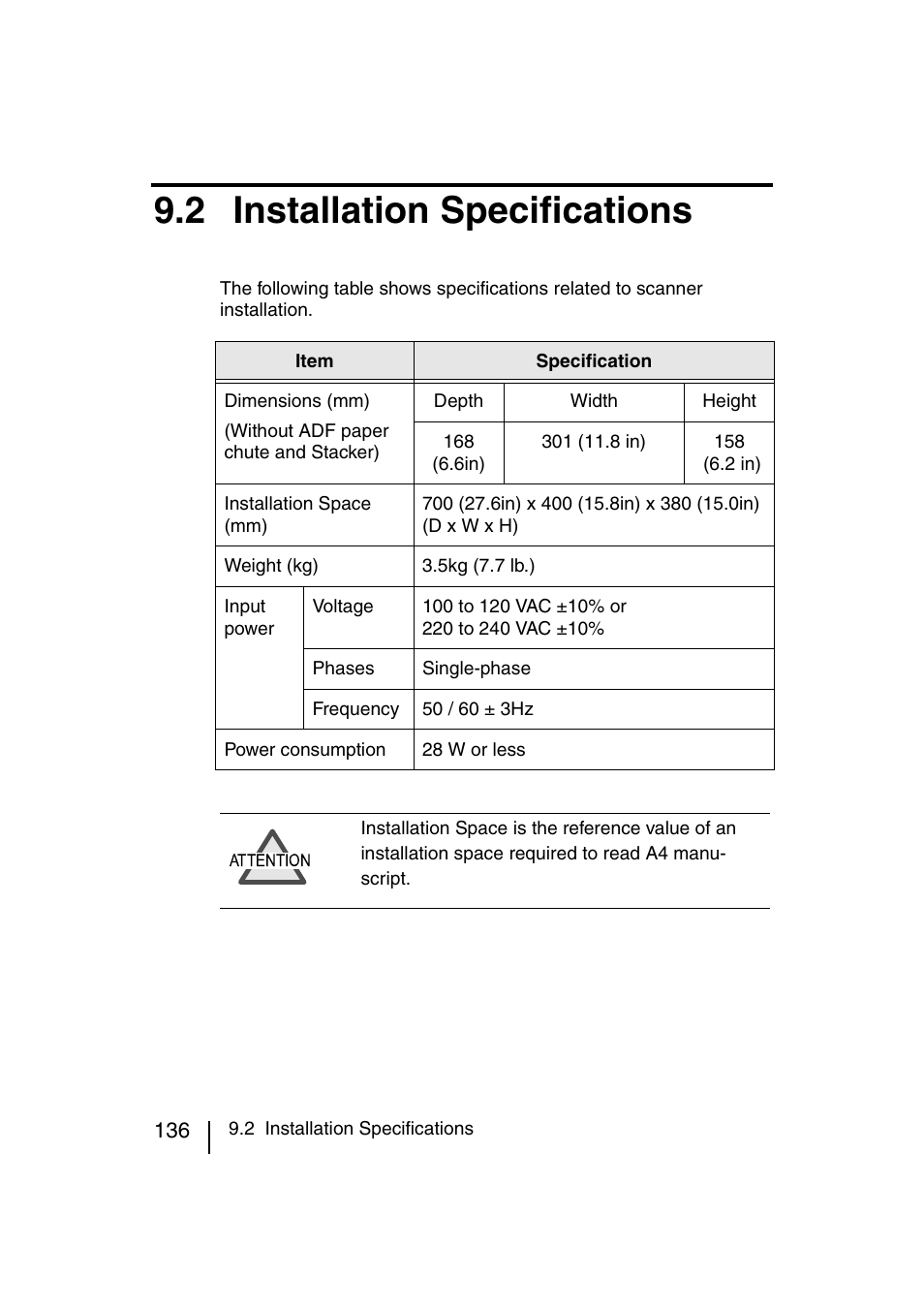 2 installation specifications, E "9.2 installation specifications | FUJITSU fi-4120C User Manual | Page 163 / 180