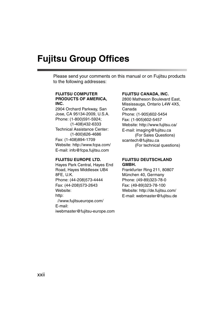 Fujitsu group offices, Xxii | FUJITSU fi-4120C User Manual | Page 23 / 180