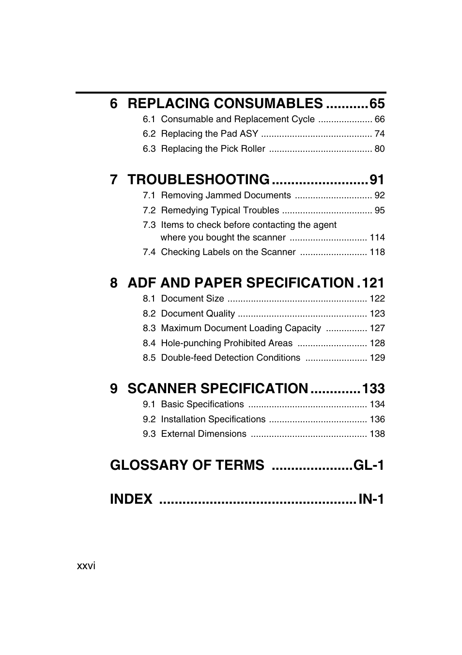 6 replacing consumables, 7 troubleshooting, 8 adf and paper specification .121 | 9 scanner specification | FUJITSU fi-4120C User Manual | Page 27 / 180