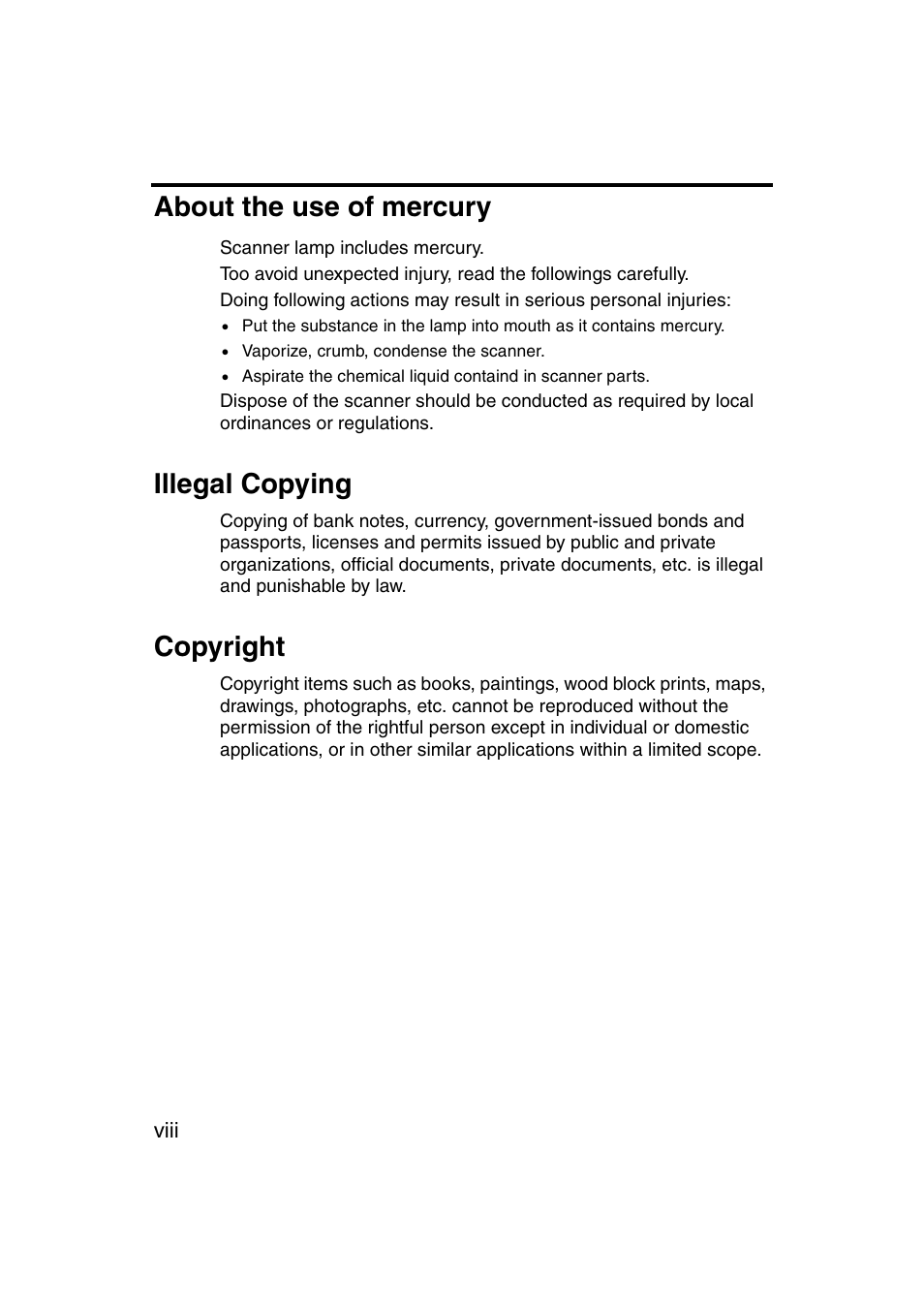 About the use of mercury, Illegal copying, Copyright | FUJITSU fi-4120C User Manual | Page 9 / 180