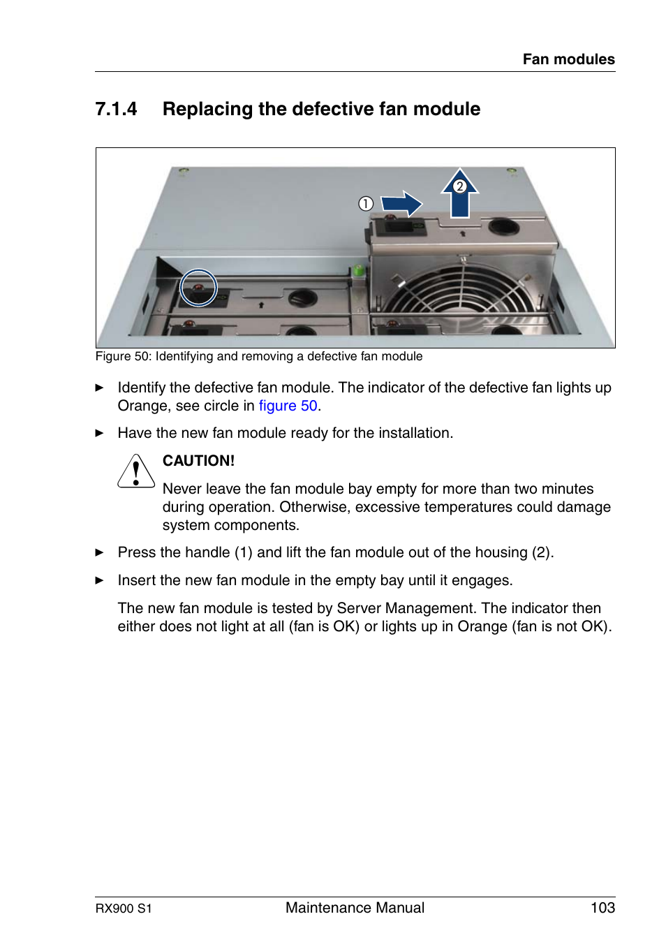 Replacing the defective fan module, 4 replacing the defective fan module | FUJITSU PRIMERGY RX900 S1 User Manual | Page 103 / 368