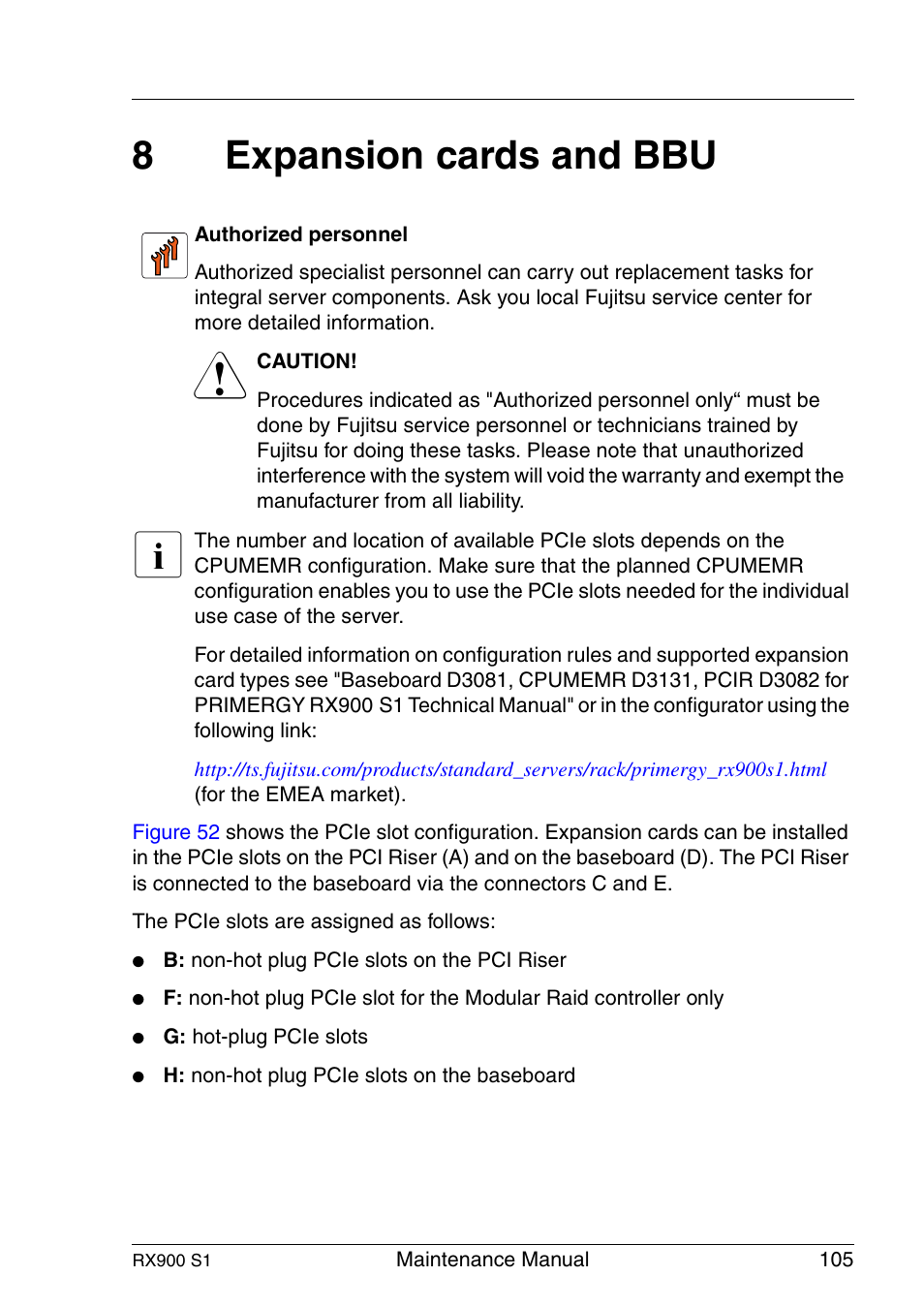 Expansion cards and bbu, 8expansion cards and bbu | FUJITSU PRIMERGY RX900 S1 User Manual | Page 105 / 368