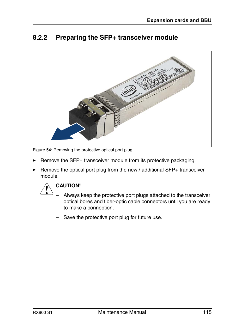 Preparing the sfp+ transceiver module, 2 preparing the sfp+ transceiver module | FUJITSU PRIMERGY RX900 S1 User Manual | Page 115 / 368