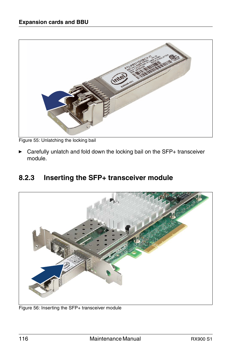 Inserting the sfp+ transceiver module, 3 inserting the sfp+ transceiver module | FUJITSU PRIMERGY RX900 S1 User Manual | Page 116 / 368