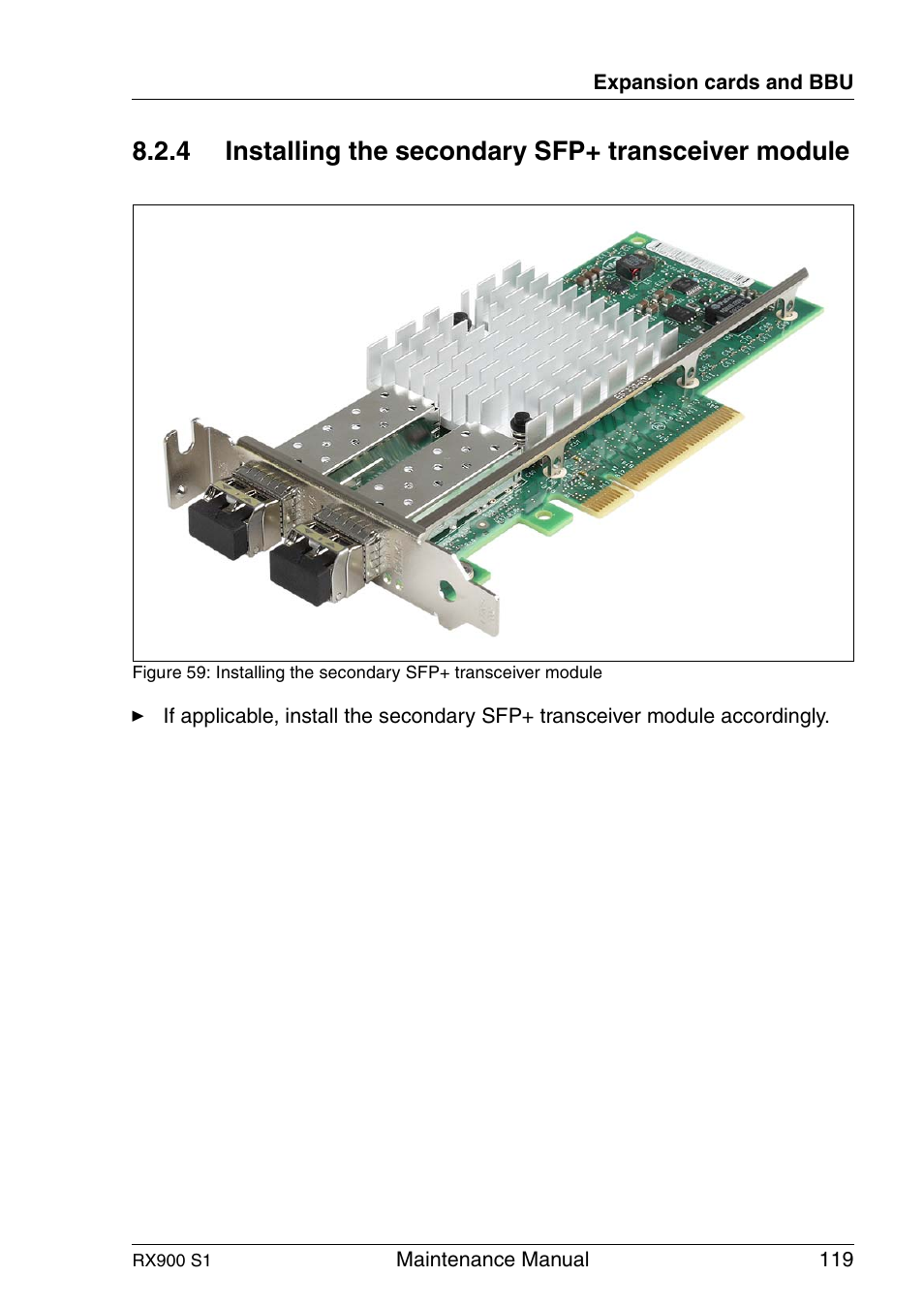 Installing the secondary sfp+ transceiver module, 4 installing the secondary sfp+ transceiver module | FUJITSU PRIMERGY RX900 S1 User Manual | Page 119 / 368