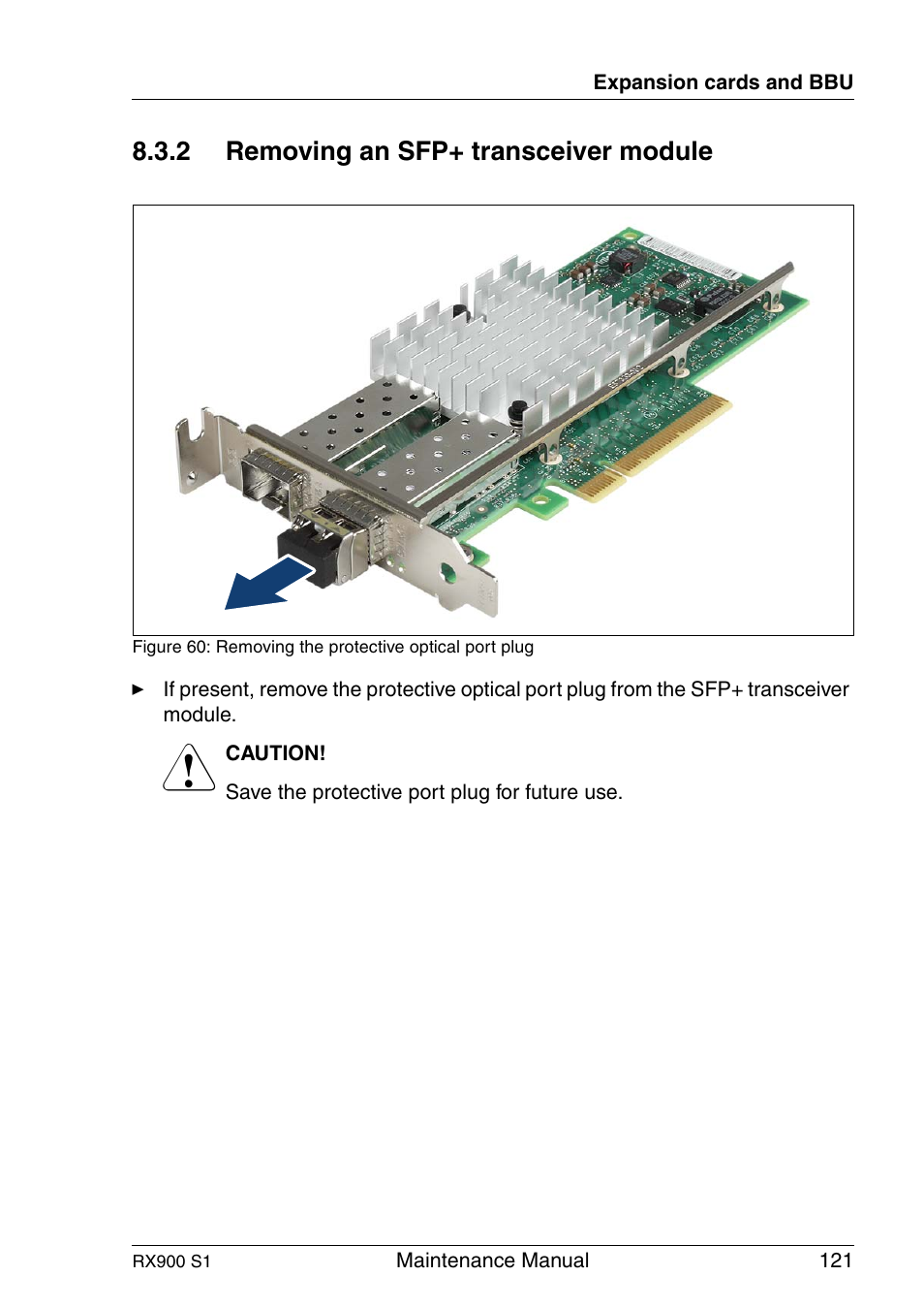 Removing an sfp+ transceiver module, 2 removing an sfp+ transceiver module | FUJITSU PRIMERGY RX900 S1 User Manual | Page 121 / 368