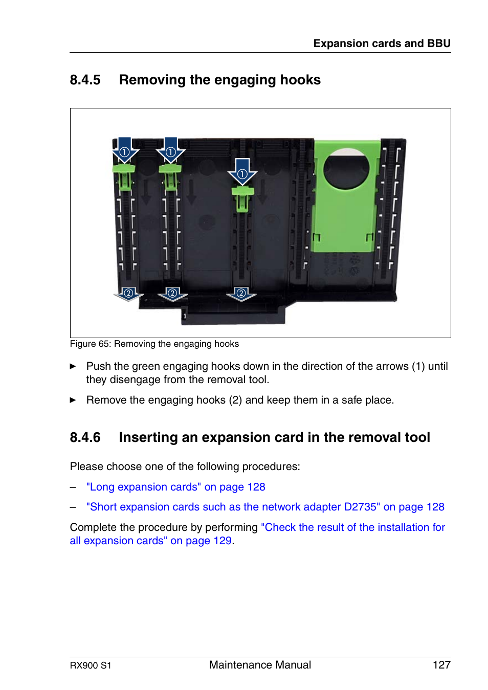 Removing the engaging hooks, Inserting an expansion card in the removal tool, 5 removing the engaging hooks | 6 inserting an expansion card in the removal tool | FUJITSU PRIMERGY RX900 S1 User Manual | Page 127 / 368