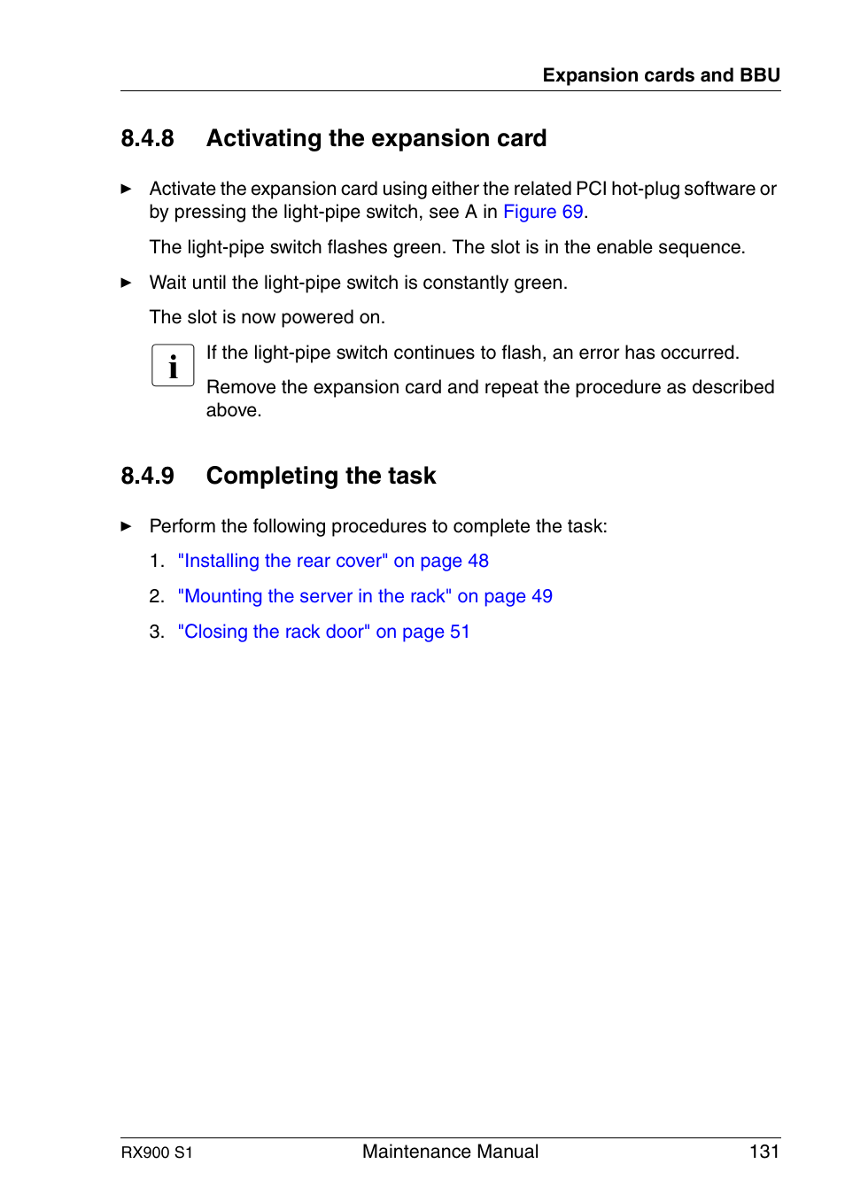 Activating the expansion card, Completing the task, 8 activating the expansion card | 9 completing the task | FUJITSU PRIMERGY RX900 S1 User Manual | Page 131 / 368
