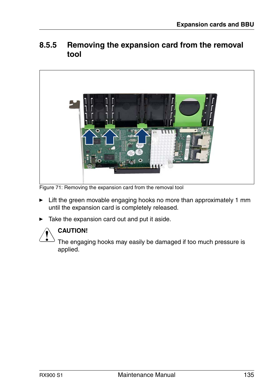 Removing the expansion card from the removal tool | FUJITSU PRIMERGY RX900 S1 User Manual | Page 135 / 368