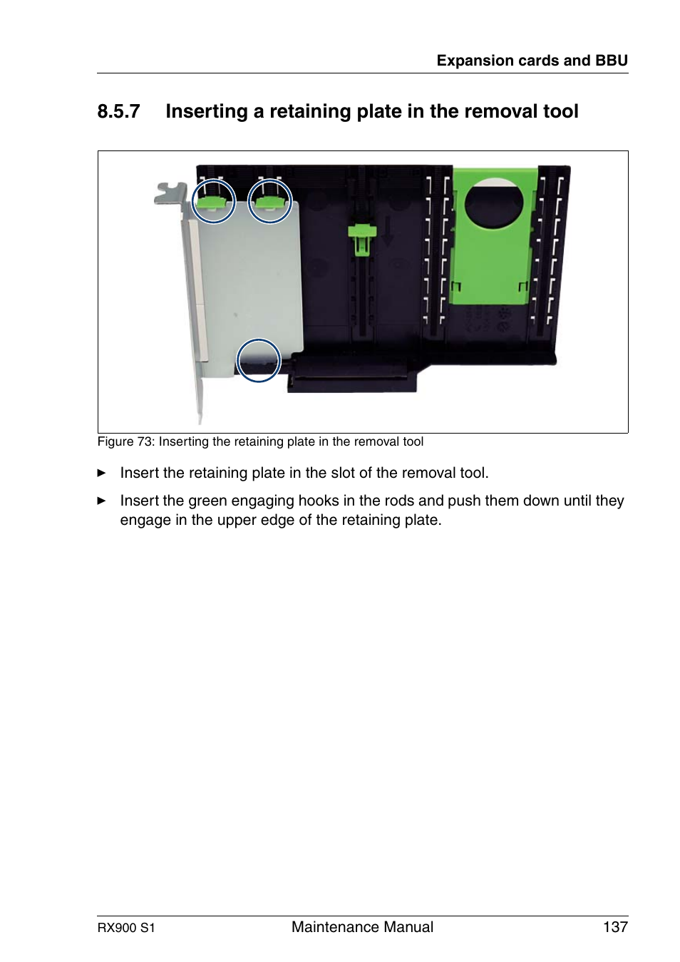Inserting a retaining plate in the removal tool, 7 inserting a retaining plate in the removal tool | FUJITSU PRIMERGY RX900 S1 User Manual | Page 137 / 368